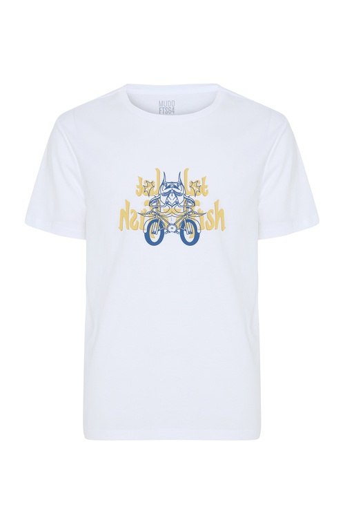 Erkek Beyaz Marin Baskılı Bisiklet Yaka T-Shirt