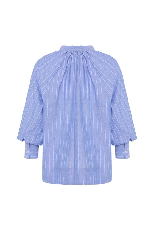  ÇİZGİLİ OVERSIZE BAĞLAMALI YAKA KETEN KARIŞIMLI BLUZ