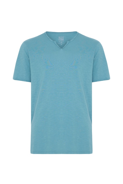  Erkek Mavi Henley Yaka Kısa Kollu T-Shirt