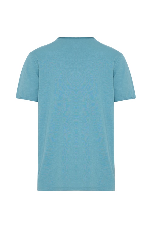  Erkek Mavi Henley Yaka Kısa Kollu T-Shirt