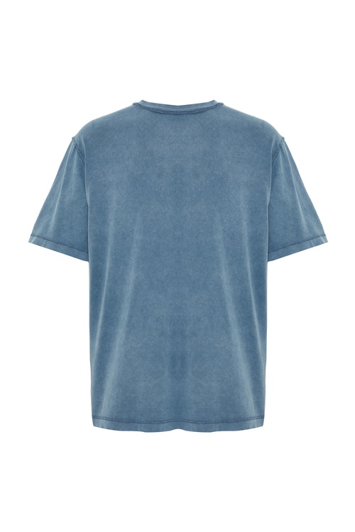  Erkek Mavi Relax Fit Dikiş Detaylı Bisiklet Yaka T-Shirt