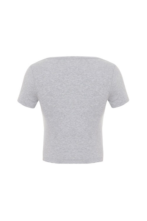  FİTİLLİ V YAKA CROP T-SHIRT