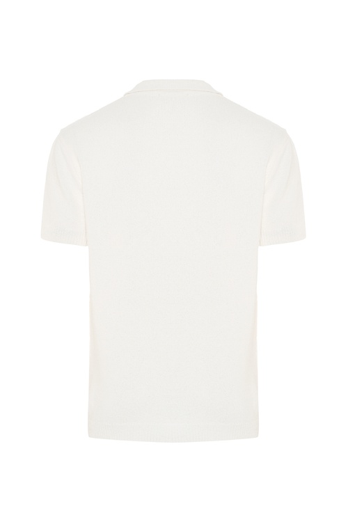 Erkek Ekru Loose Fit Polo Yaka Kısa Kollu Triko Kazak