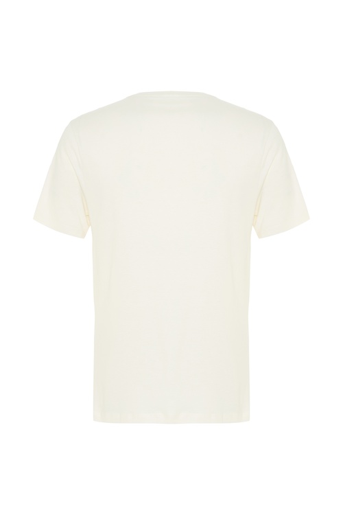  Erkek Kırık Beyaz Baskılı Bisiklet Yaka T-Shirt
