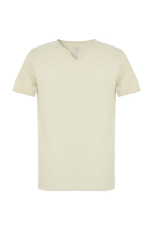  Erkek Taş Rengi Henley Yaka Kısa Kollu T-Shirt