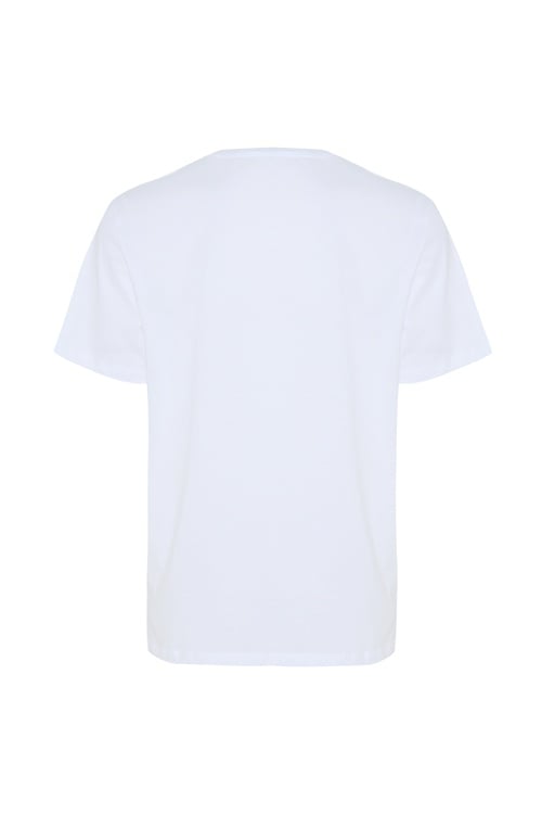  Erkek Beyaz Nakışlı Bisiklet Yaka T-Shirt