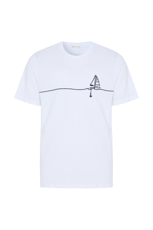  Erkek Beyaz Nakışlı Bisiklet Yaka T-Shirt