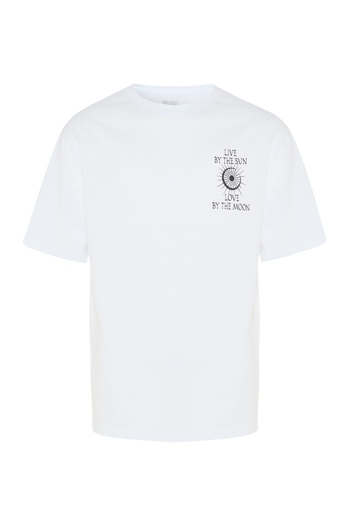 Erkek Beyaz Baskılı Oversize Bisiklet Yaka T-Shirt