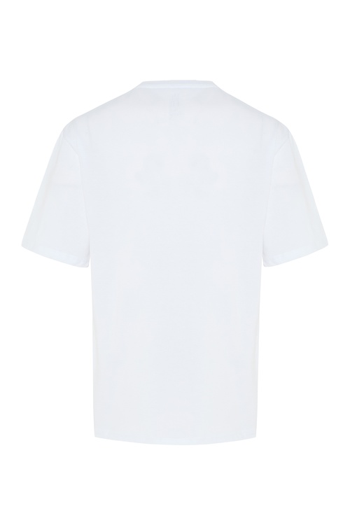  Erkek Beyaz Baskılı Oversize Bisiklet Yaka T-Shirt