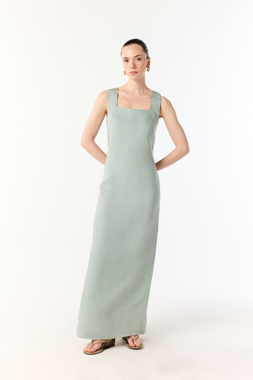  KARE YAKA DÜZ KESİM KETEN UZUN ELBİSE