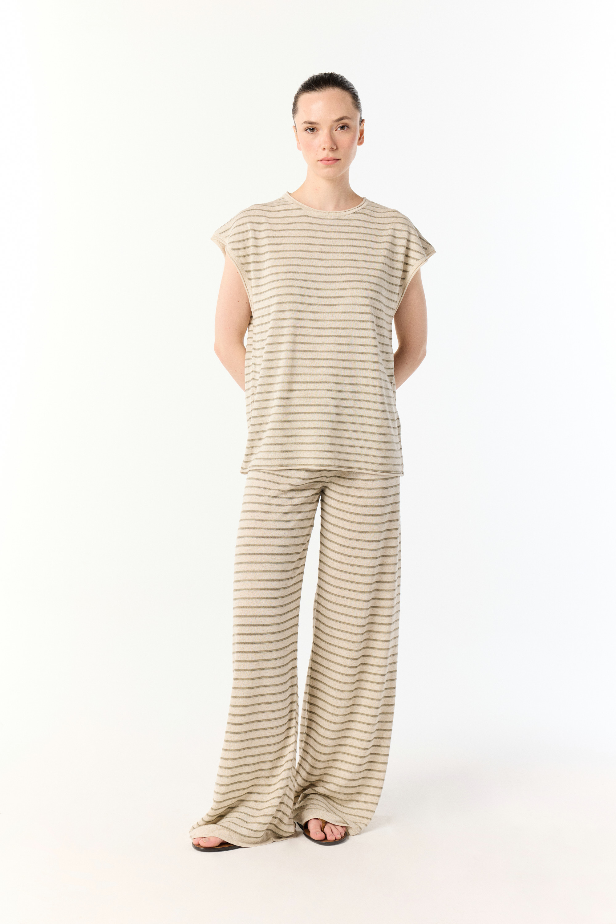 ÇİZGİLİ WIDE LEG BELİ LASTİKLİ PANTOLON