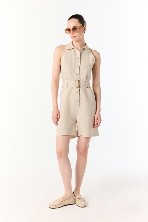  GÖMLEK YAKA KOLSUZ KEMERLİ MİNİ KETEN TULUM