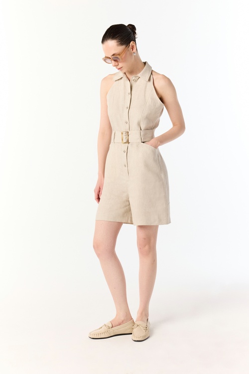  GÖMLEK YAKA KOLSUZ KEMERLİ MİNİ KETEN TULUM