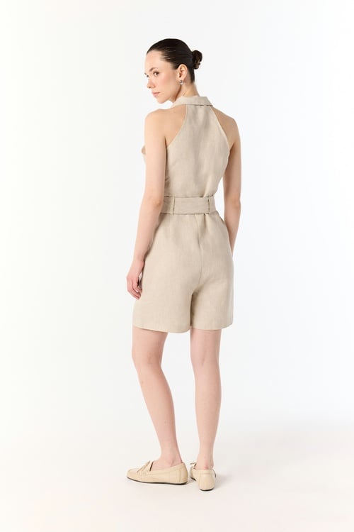  GÖMLEK YAKA KOLSUZ KEMERLİ MİNİ KETEN TULUM