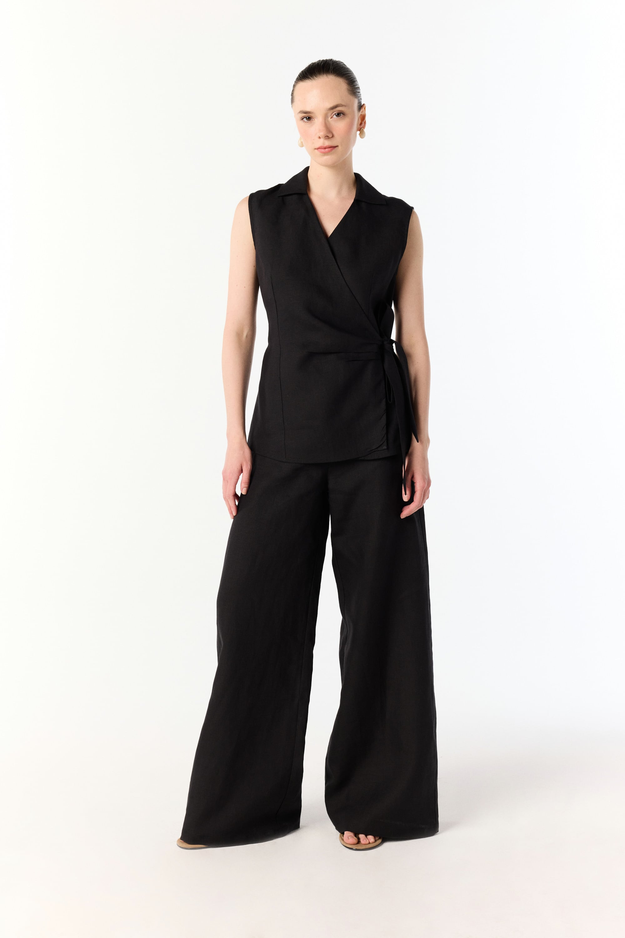 WIDE LEG DÜĞME DETAYLI KETEN PANTOLON