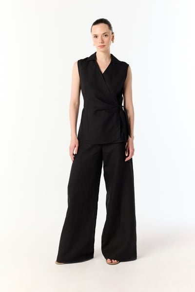 Mudo Wide Leg Düğme Detaylı Keten Pantolon