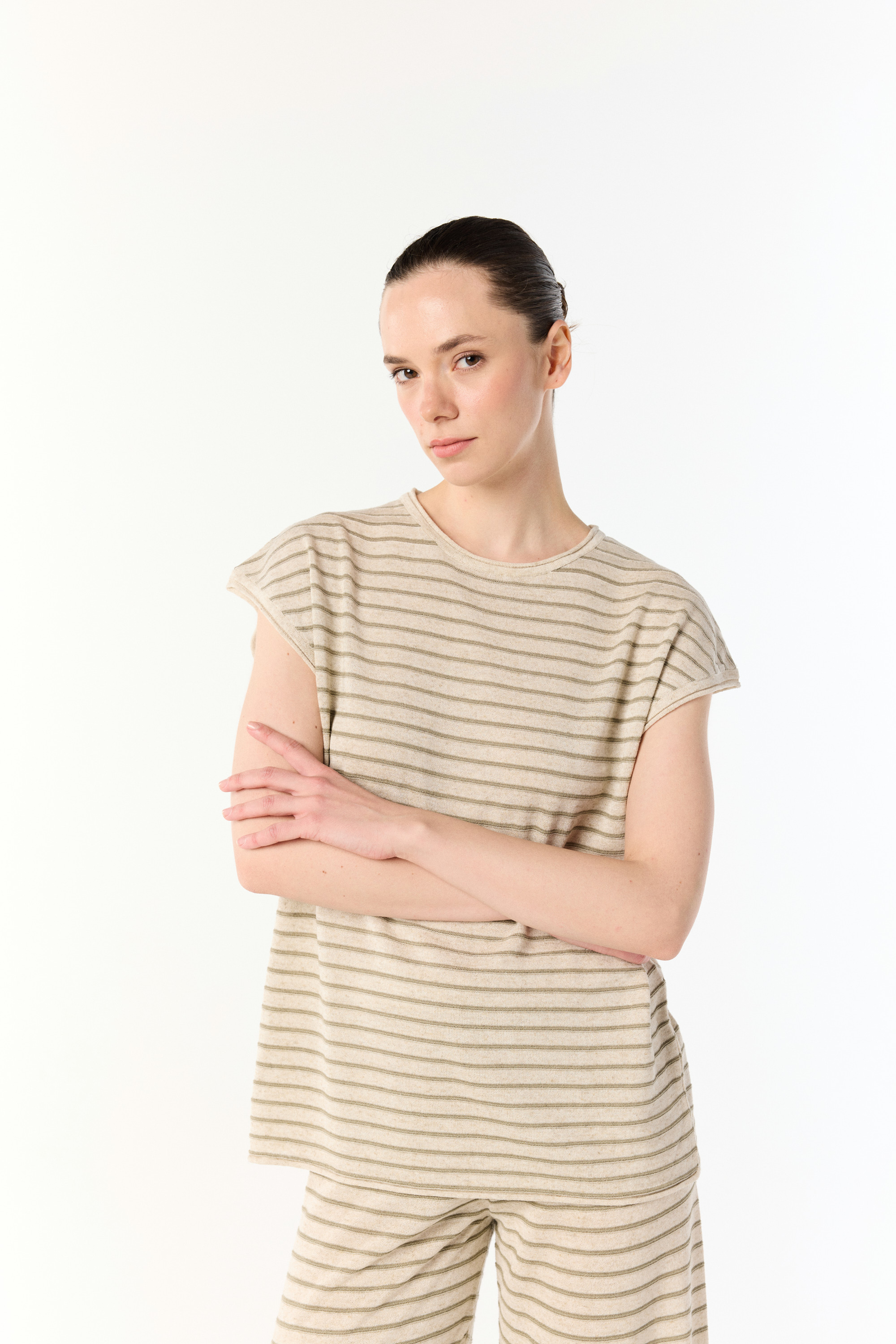 ÇİZGİLİ LOOSE FIT BİSİKLET YAKA DÜŞÜK KOL BLUZ