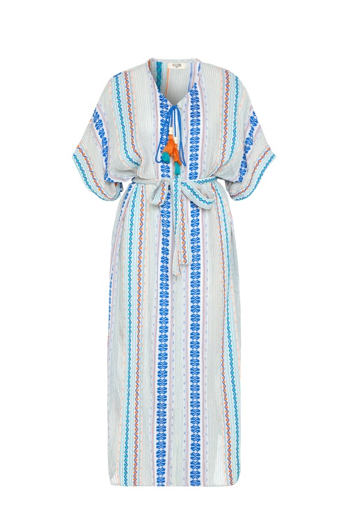  ETNİK BASKILI KEMERLİ UZUN ELBİSE