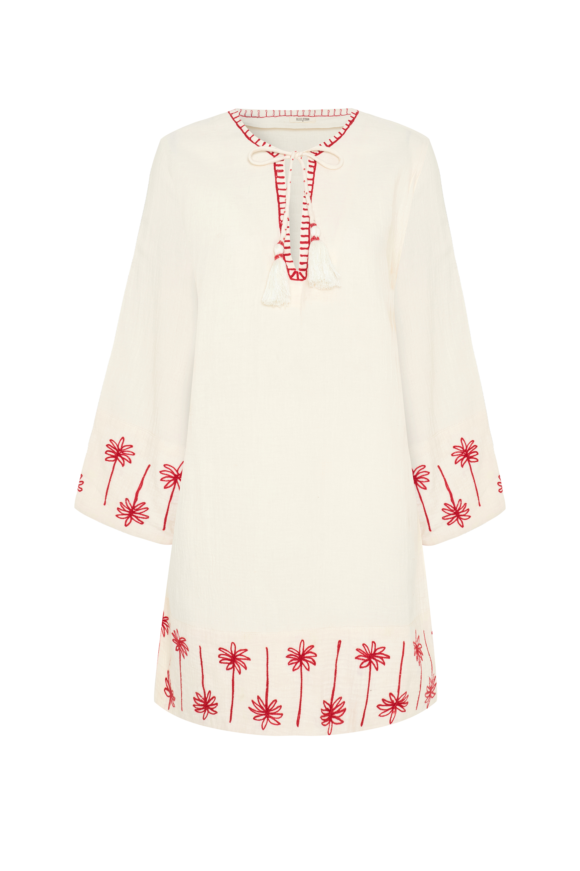 YAKASI BAĞLAMALI NAKIŞLI MİNİ ELBİSE