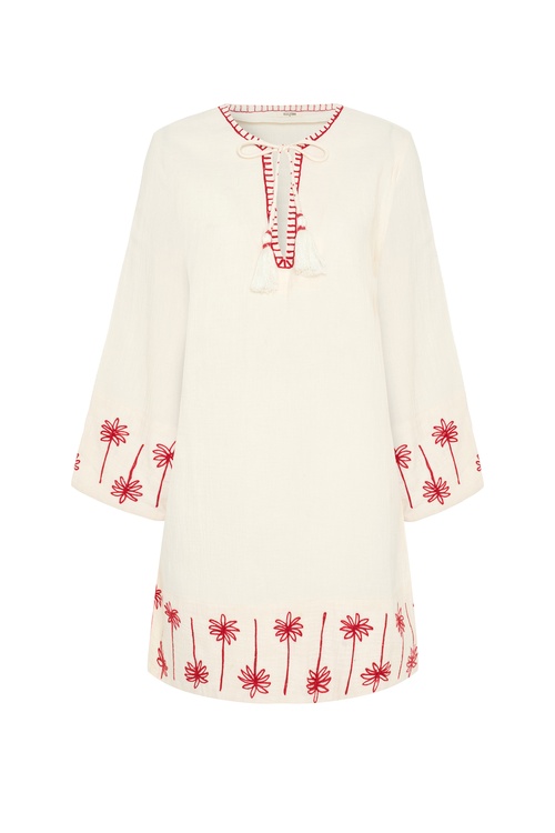  YAKASI BAĞLAMALI NAKIŞLI MİNİ ELBİSE