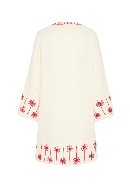  YAKASI BAĞLAMALI NAKIŞLI MİNİ ELBİSE