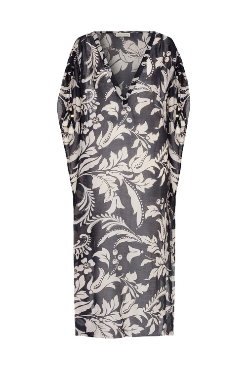  BASKILI KOL DETAYLI OVERSIZE UZUN ELBİSE