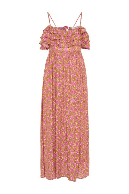  FLORAL BASKILI ASKILI VOLANLI MİDİ ELBİSE