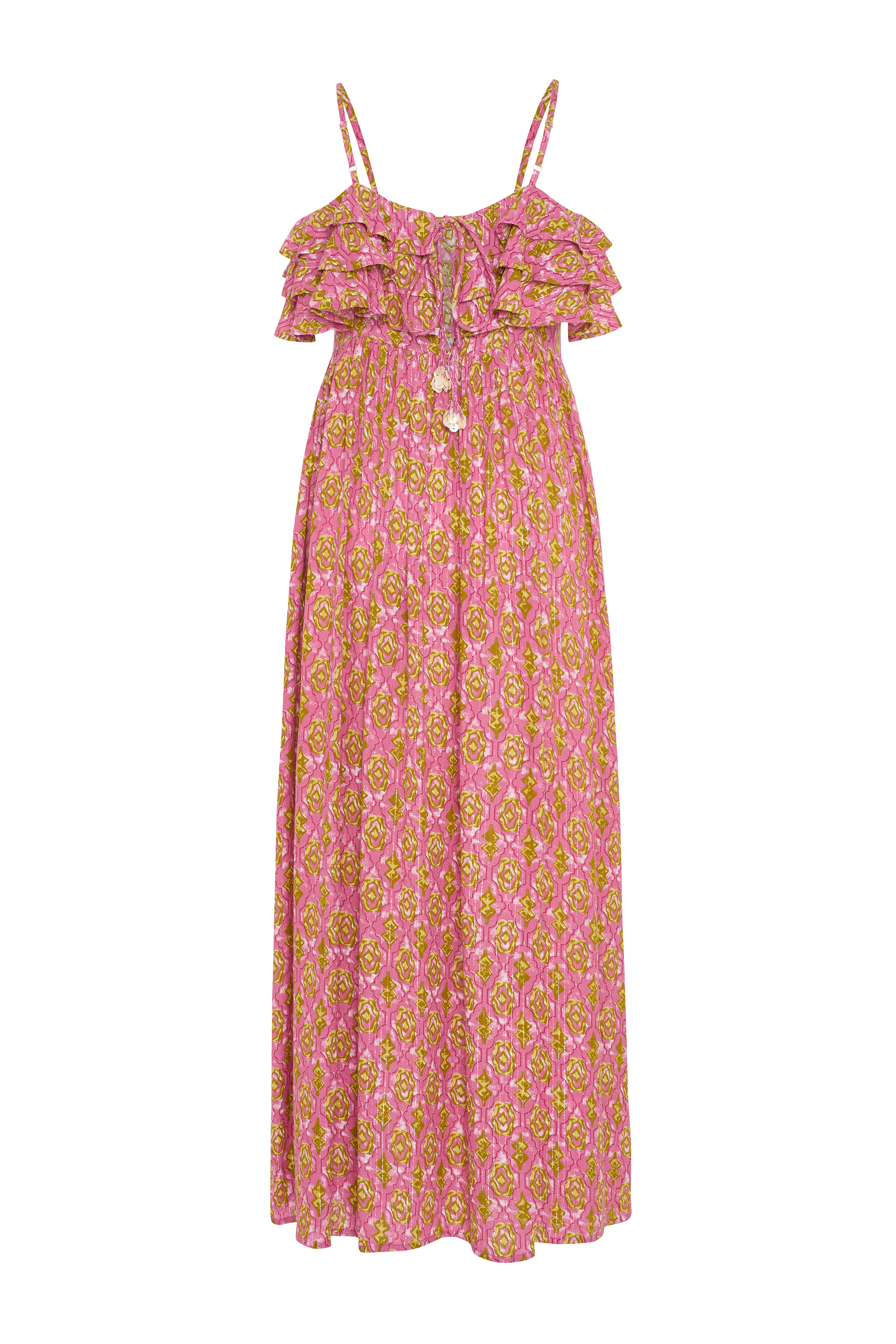 FLORAL BASKILI ASKILI VOLANLI MİDİ ELBİSE