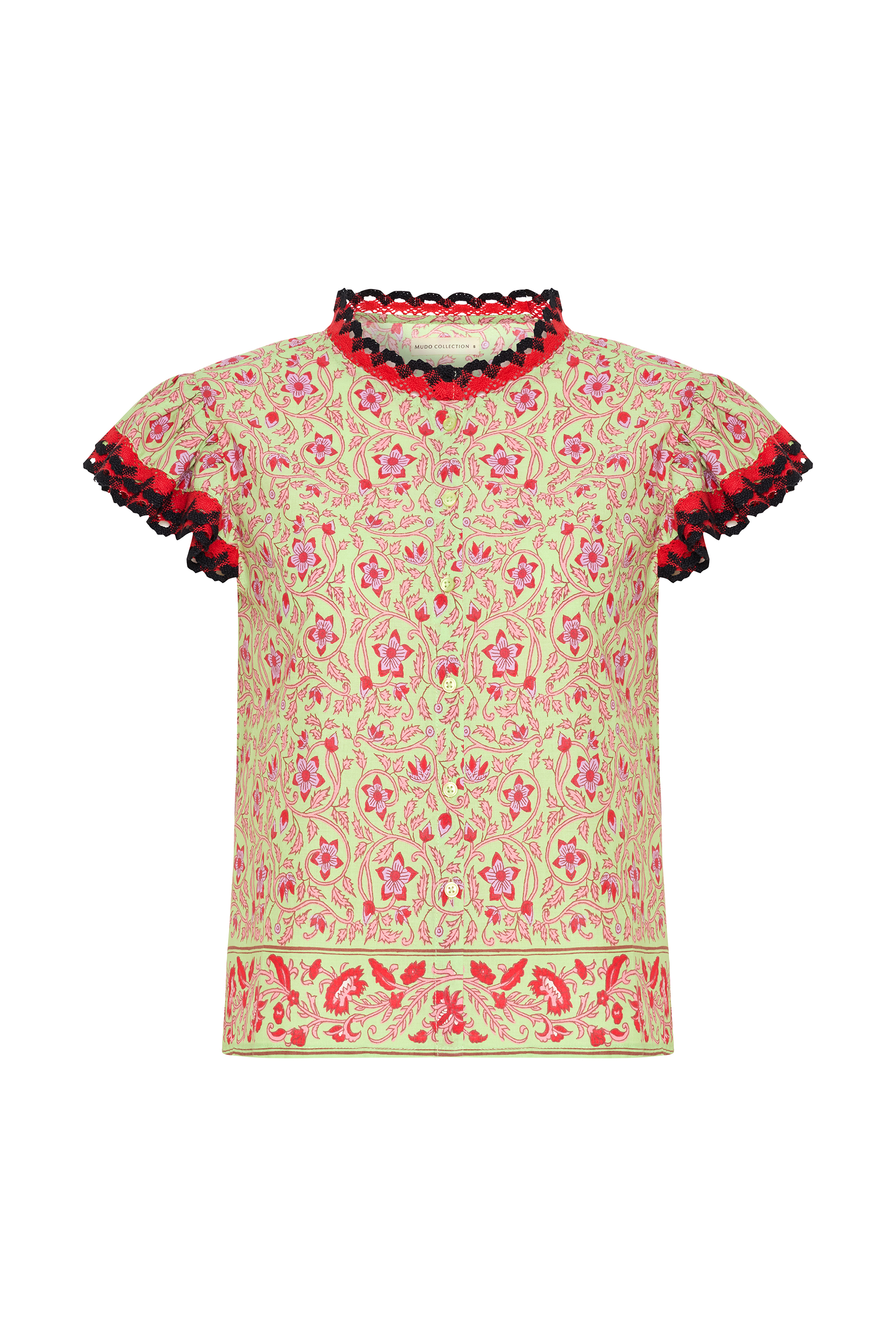 ETNİK BASKILI KISA KOLLU DÜĞMELİ BLUZ