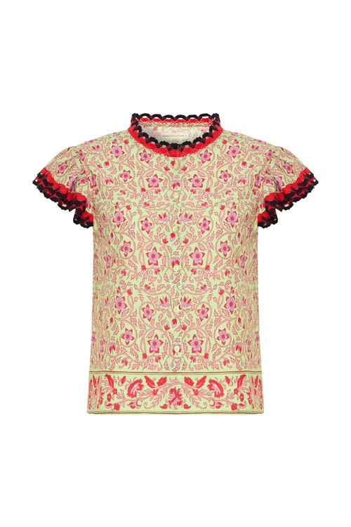  ETNİK BASKILI KISA KOLLU DÜĞMELİ BLUZ