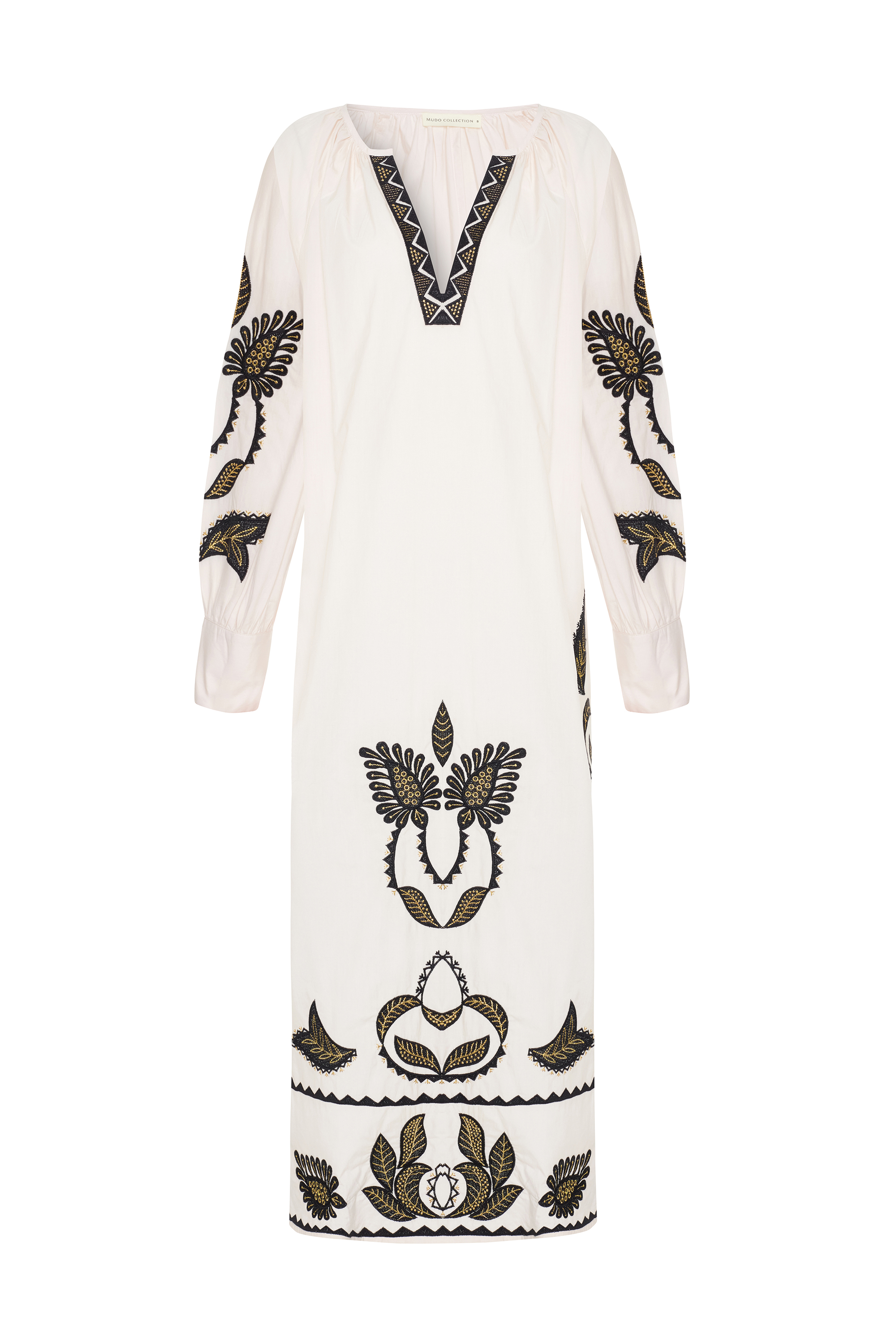 ETNİK NAKIŞLI OVERSİZE V YAKA MİDİ ELBİSE