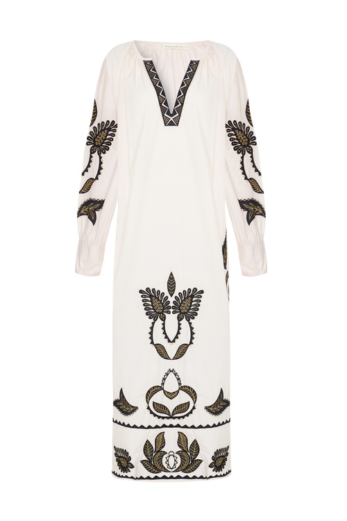  ETNİK NAKIŞLI OVERSİZE V YAKA MİDİ ELBİSE