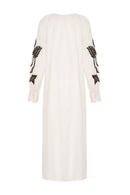  ETNİK NAKIŞLI OVERSİZE V YAKA MİDİ ELBİSE