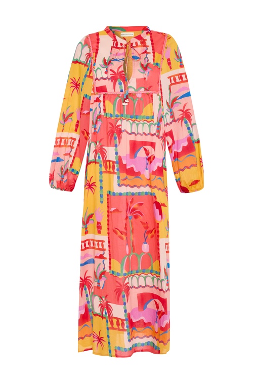  MARİN BASKILI YAKA DETAYLI KLOŞ MİDİ ELBİSE