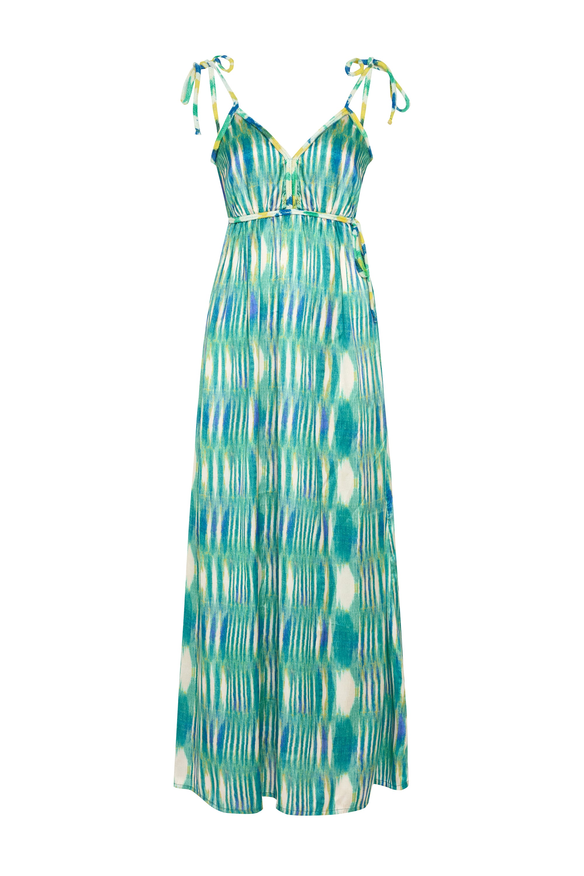 BASKILI A FORM ASKILI SIRTI AÇIK UZUN ELBİSE