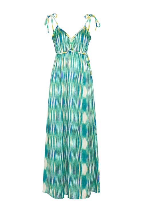  BASKILI A FORM ASKILI SIRTI AÇIK UZUN ELBİSE