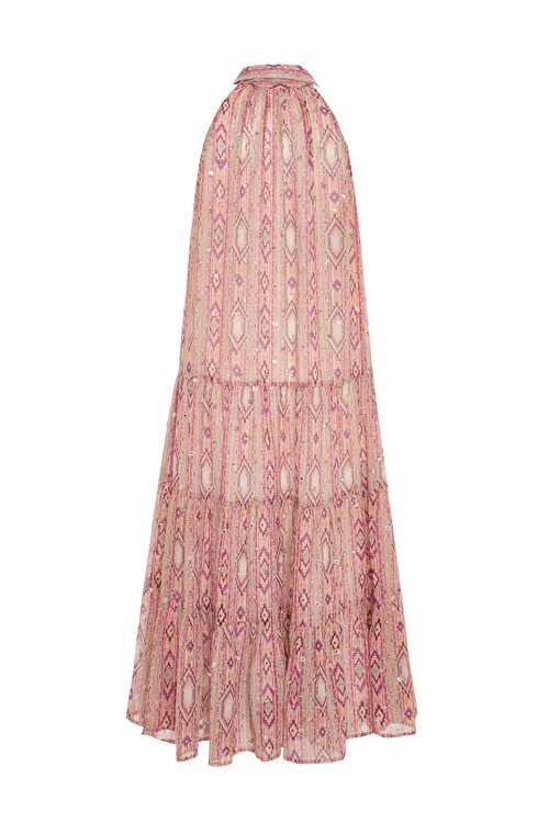  BASKILI İŞLEMELİ KOLSUZ MİDİ KLOŞ ELBİSE