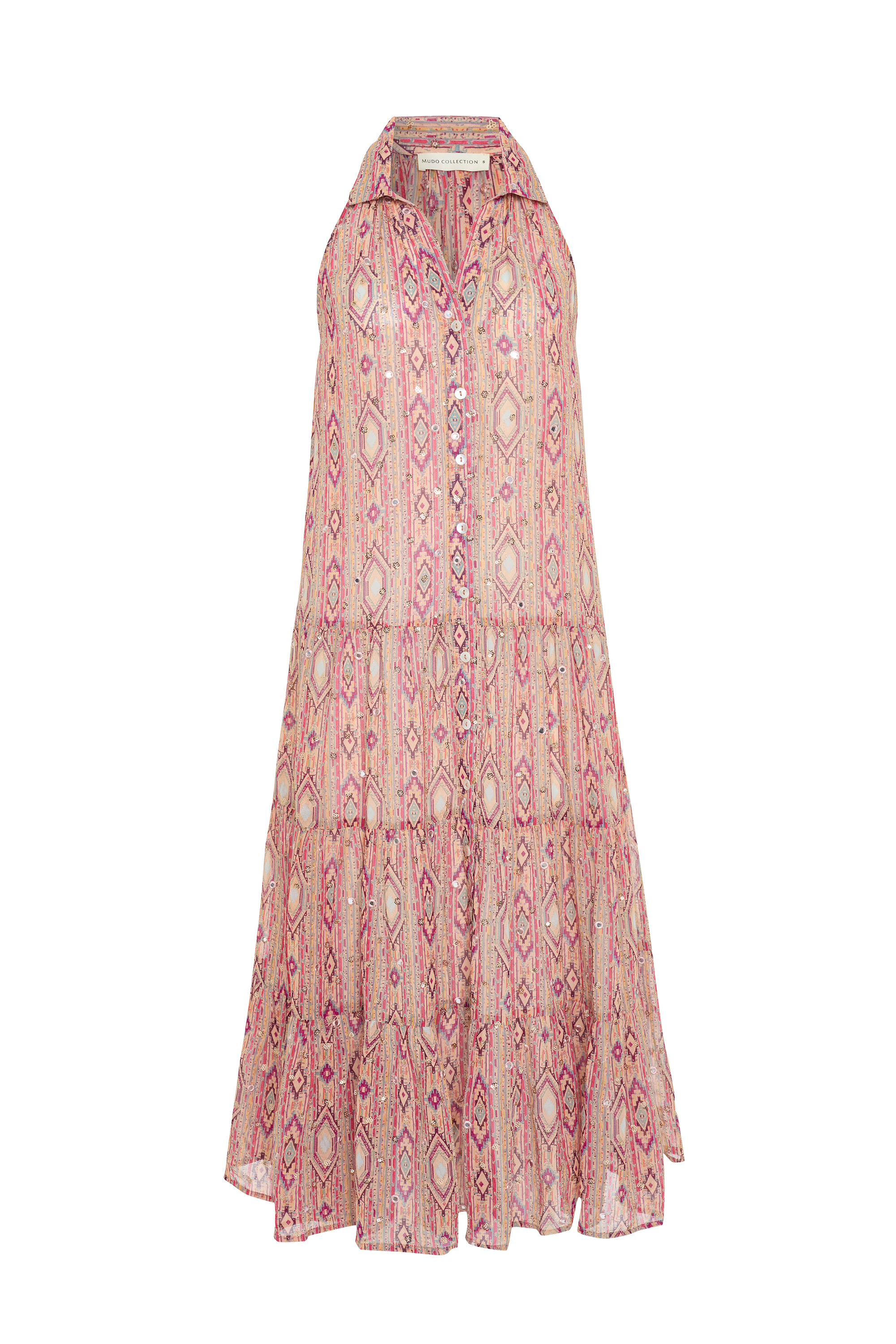 BASKILI İŞLEMELİ KOLSUZ MİDİ KLOŞ ELBİSE