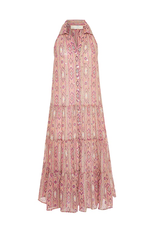  BASKILI İŞLEMELİ KOLSUZ MİDİ KLOŞ ELBİSE