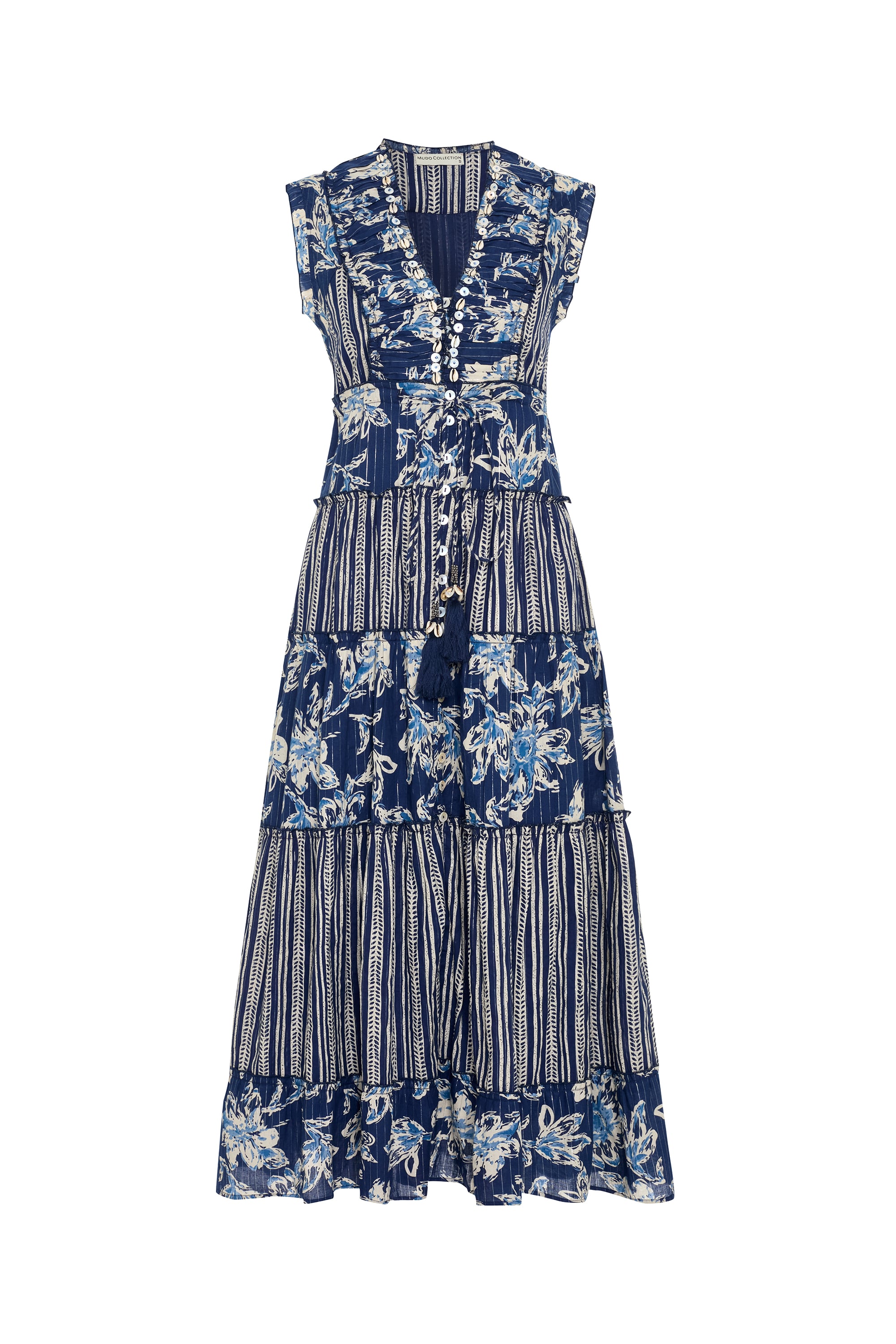 ETNİK BASKILI İŞLEMELİ KOLSUZ UZUN ELBİSE