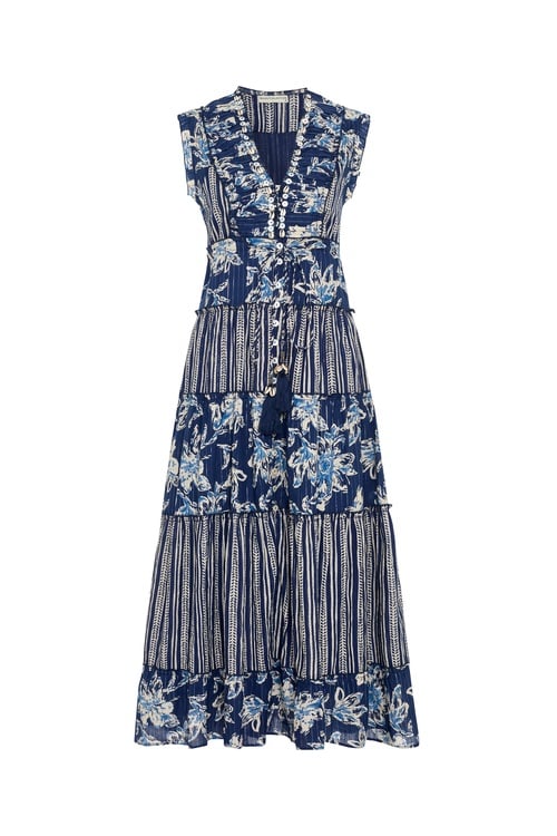  ETNİK BASKILI İŞLEMELİ KOLSUZ UZUN ELBİSE