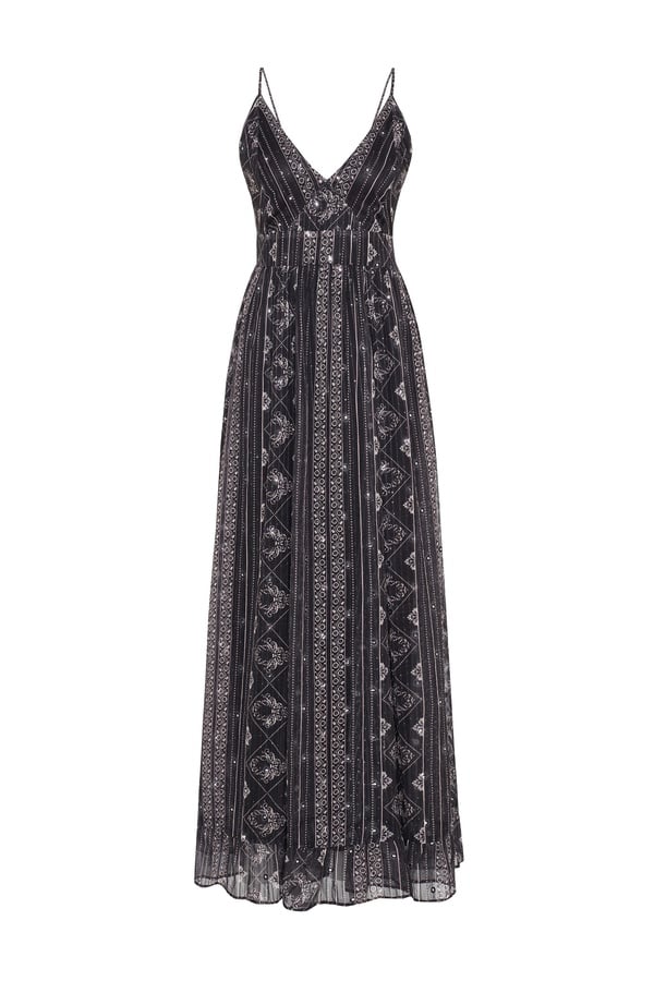 İŞLEMELİ ASKILI KLOŞ MİDİ ELBİSE