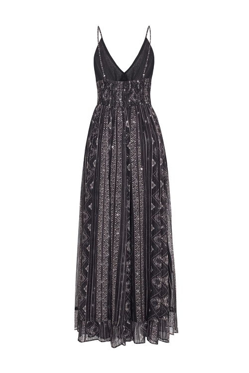  İŞLEMELİ ASKILI KLOŞ MİDİ ELBİSE