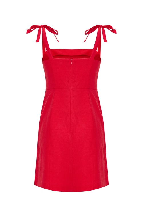  KOLSUZ BAĞLAMALI MİNİ KETEN ELBİSE