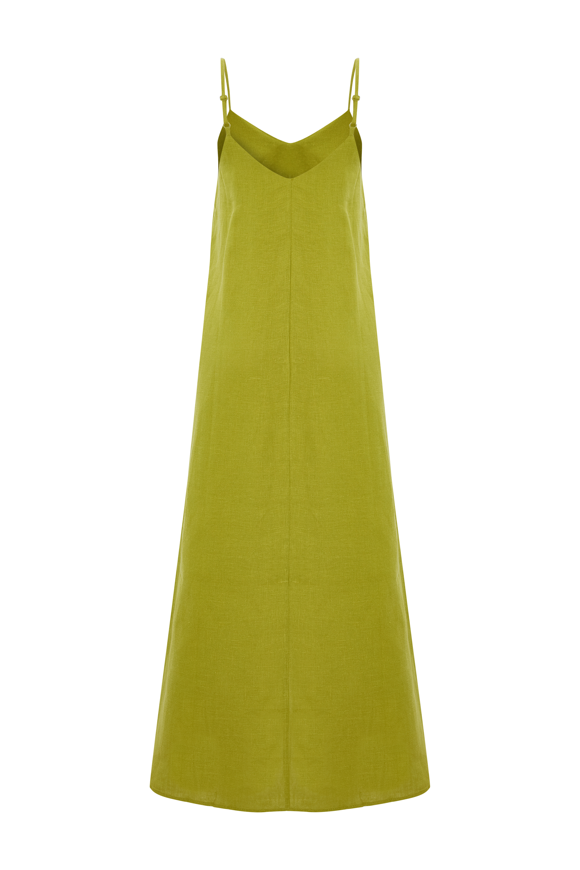 ÖNÜ YIRTMAÇLI ASKILI UZUN KETEN ELBİSE