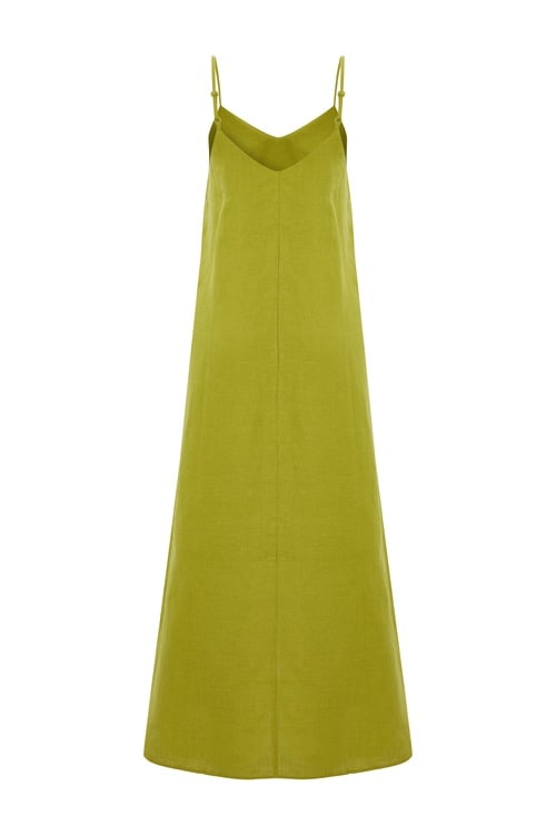  ÖNÜ YIRTMAÇLI ASKILI UZUN KETEN ELBİSE