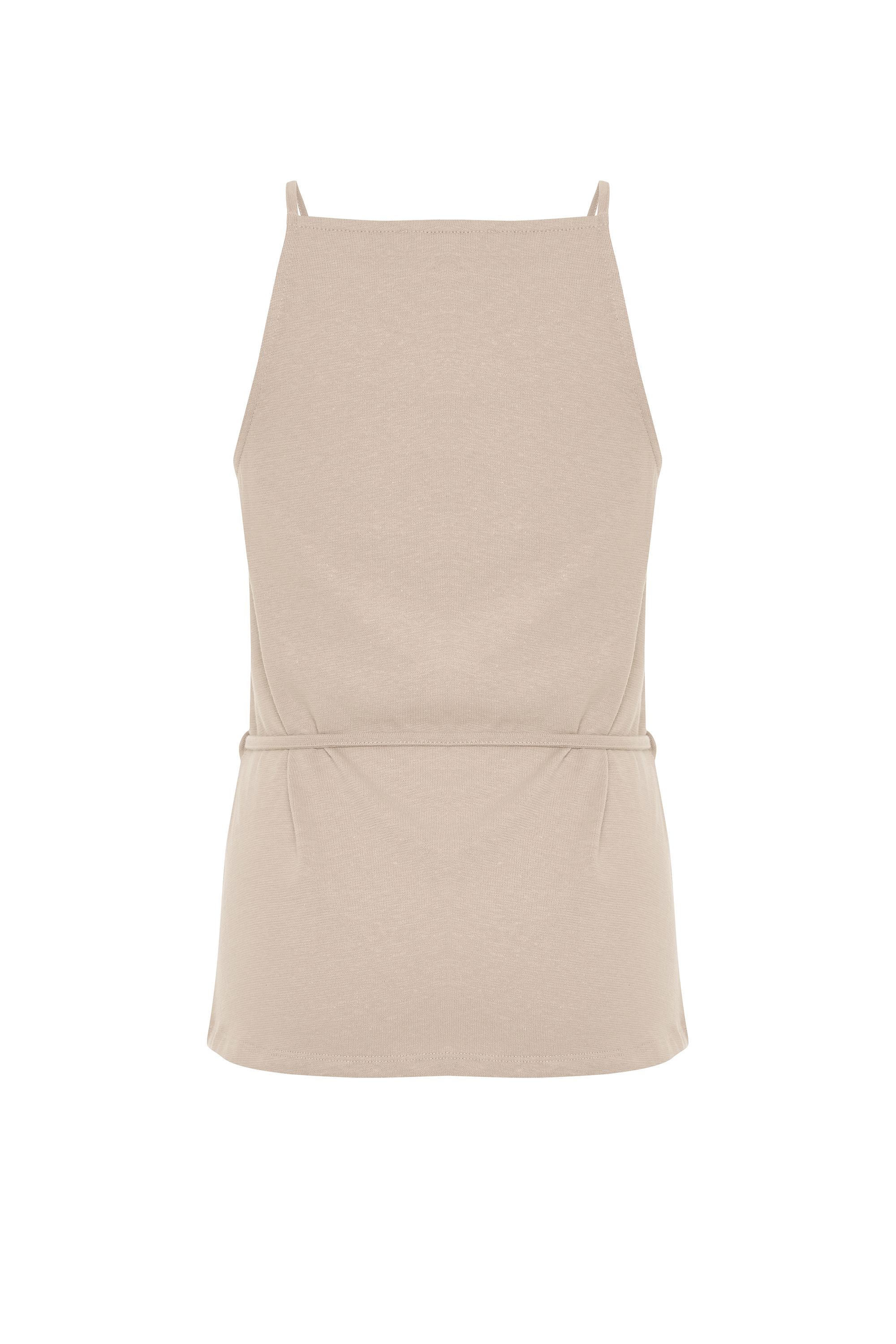 BAĞLAMA DETAYLI KOLSUZ KETEN KARIŞIMLI BLUZ