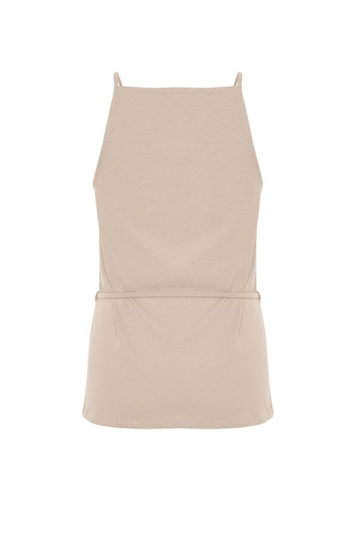 BAĞLAMA DETAYLI KOLSUZ KETEN KARIŞIMLI BLUZ