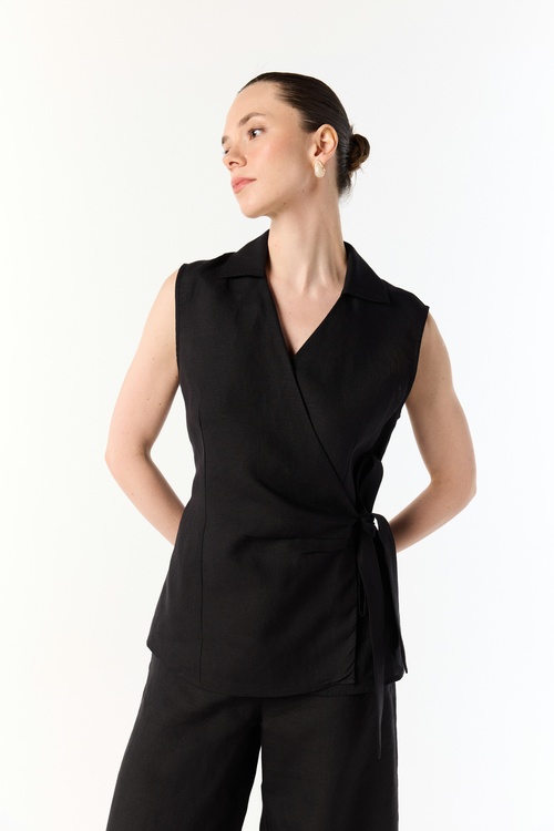  BAĞLAMALI V YAKA KOLSUZ KETEN BLUZ