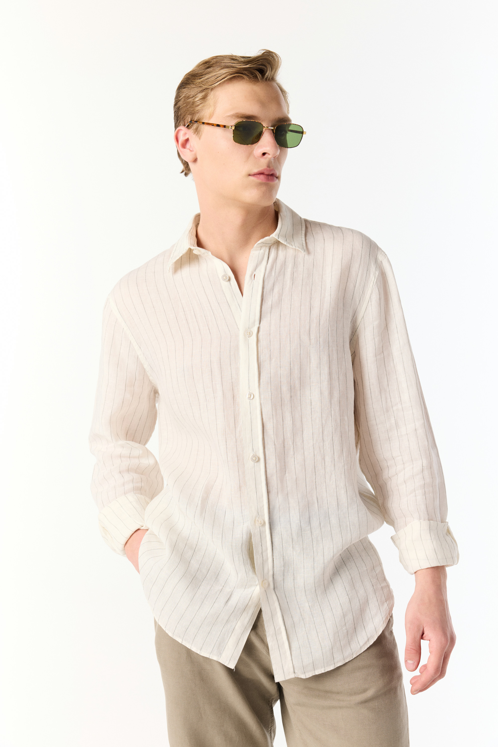 ÇİZGİLİ REGULAR FIT UZUN KOLLU KETEN GÖMLEK